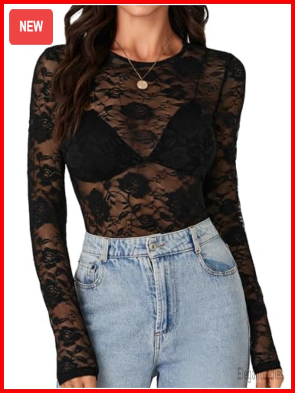 Floral Lace Sheer Mesh Blouse Long Sleeve Crew Neck Slim Fit Women's Top